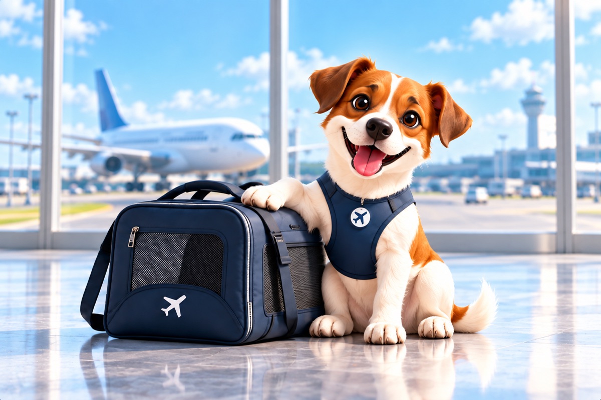 Fröhlicher braun-weißer Hund mit einer Pfote auf seiner Transporttasche am Flughafen.
